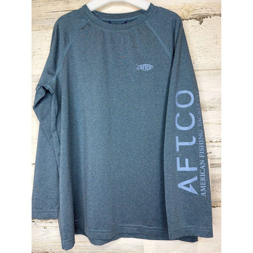 AFTCO AFTECH Shirt Kids Youth Small Blue Heathered LS Performance Fishing EUC